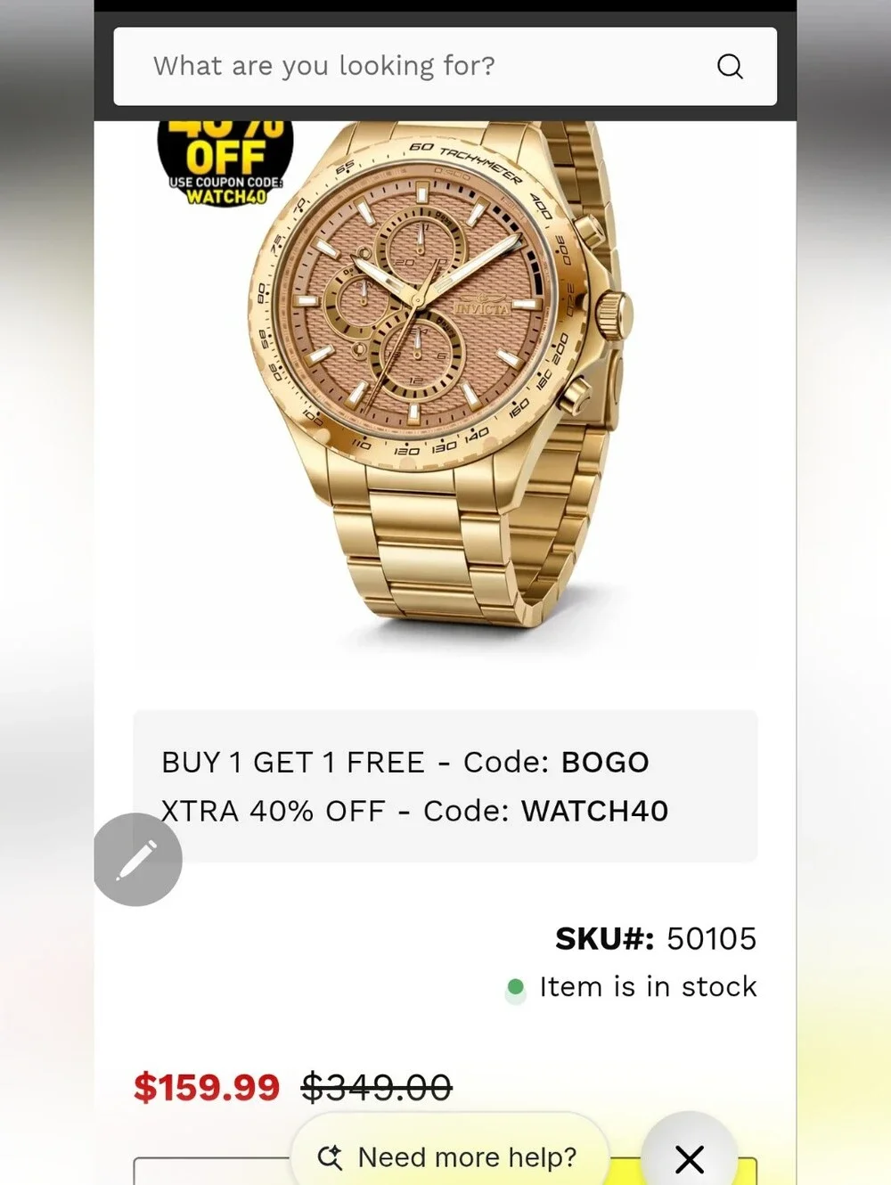 564. Invicta Aviator Men's Watch - 44mm. Gold (50105)